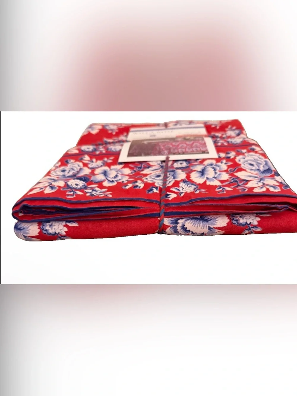 April Cornell Red Floral Tablecloth with Blue and White Blooms 60”x84”